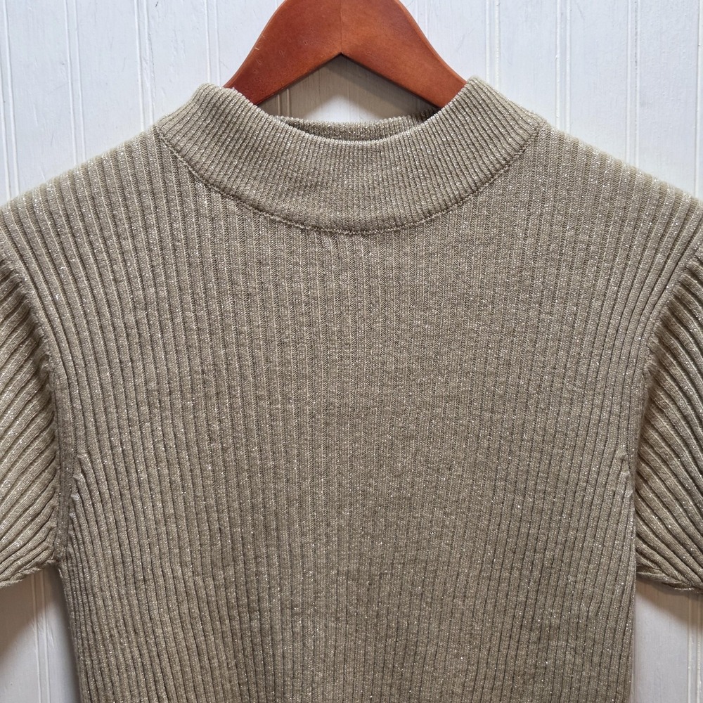 Crystal Kobe Sweater Womens Medium Gold Mock Neck Short Sleeve Metallic Knit